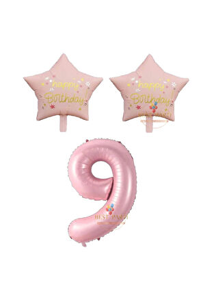 Best Pembe Renk Rakam ve Happy Bırthday Yazılı Yıldız Folyo Balon Seti Yaş 9