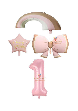 Best Pembe Renk Fiyonk Gökkuşağı Yıldız ve Rakam Folyo Balon Seti Yaş 1