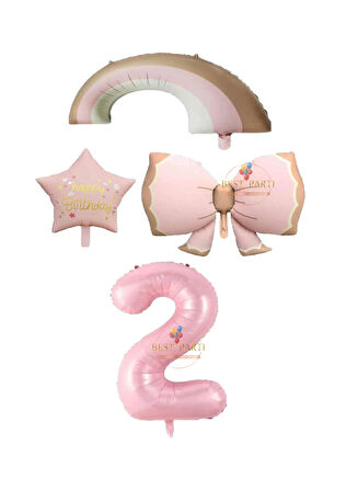Best Pembe Renk Fiyonk Gökkuşağı Yıldız ve Rakam Folyo Balon Seti Yaş 2