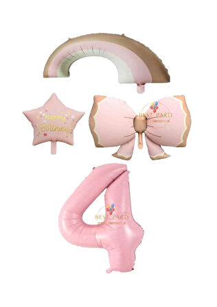 Best Pembe Renk Fiyonk Gökkuşağı Yıldız ve Rakam Folyo Balon Seti Yaş 4