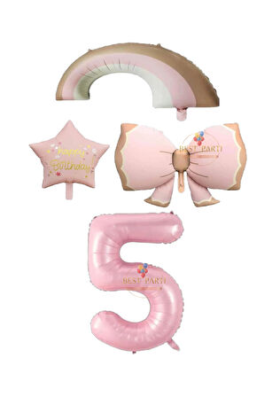 Best Pembe Renk Fiyonk Gökkuşağı Yıldız ve Rakam Folyo Balon Seti Yaş 5