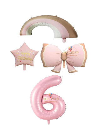 Best Pembe Renk Fiyonk Gökkuşağı Yıldız ve Rakam Folyo Balon Seti Yaş 6