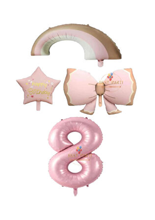 Best Pembe Renk Fiyonk Gökkuşağı Yıldız ve Rakam Folyo Balon Seti Yaş 8