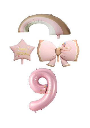 Best Pembe Renk Fiyonk Gökkuşağı Yıldız ve Rakam Folyo Balon Seti Yaş 9