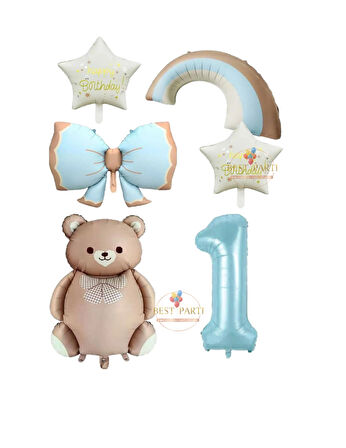 Best Mavi Renk Fiyonk Rakam Gökkuşağı Yıldız ve Karamel Renk Ayıcıklı Folyo Balon Seti Yaş 1