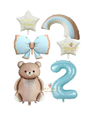 Best Mavi Renk Fiyonk Rakam Gökkuşağı Yıldız ve Karamel Renk Ayıcıklı Folyo Balon Seti Yaş 2