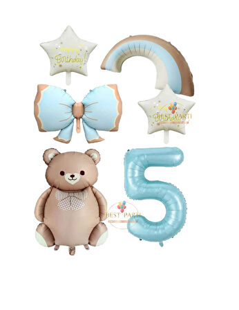Best Mavi Renk Fiyonk Rakam Gökkuşağı Yıldız ve Karamel Renk Ayıcıklı Folyo Balon Seti Yaş 5