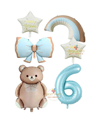 Best Mavi Renk Fiyonk Rakam Gökkuşağı Yıldız ve Karamel Renk Ayıcıklı Folyo Balon Seti Yaş 6