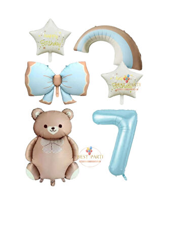 Best Mavi Renk Fiyonk Rakam Gökkuşağı Yıldız ve Karamel Renk Ayıcıklı Folyo Balon Seti Yaş 7