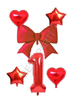 Kırmızı Renk Kalp Yıldız Fiyonk Rakam Folyo Balon Seti Yaş 1