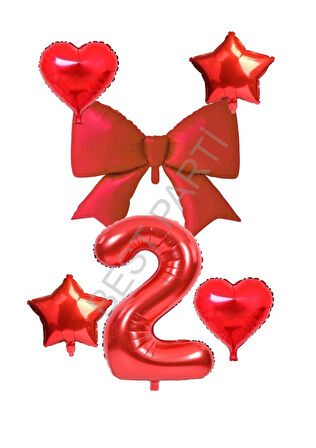 Kırmızı Renk Kalp Yıldız Fiyonk Rakam Folyo Balon Seti Yaş 2