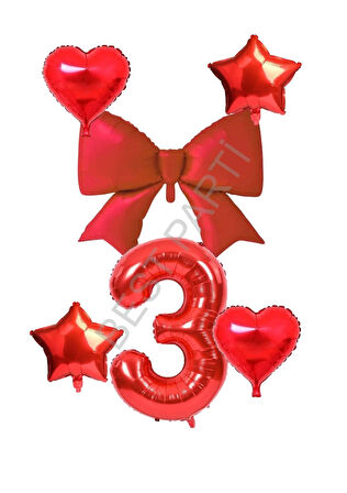 Kırmızı Renk Kalp Yıldız Fiyonk Rakam Folyo Balon Seti Yaş 3