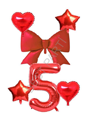 Kırmızı Renk Kalp Yıldız Fiyonk Rakam Folyo Balon Seti Yaş 5