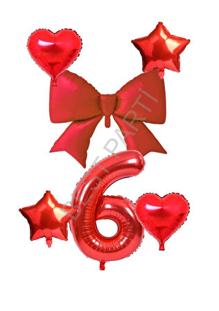 Kırmızı Renk Kalp Yıldız Fiyonk Rakam Folyo Balon Seti Yaş 6