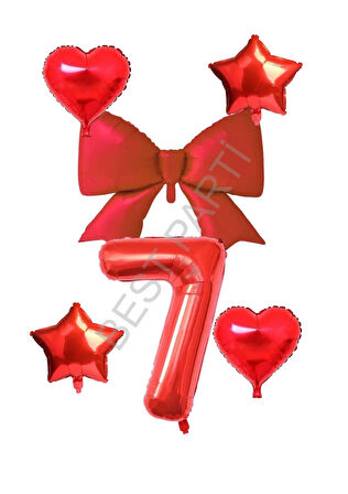 Kırmızı Renk Kalp Yıldız Fiyonk Rakam Folyo Balon Seti Yaş 7