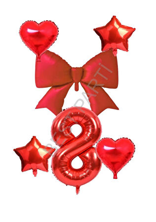 Kırmızı Renk Kalp Yıldız Fiyonk Rakam Folyo Balon Seti Yaş 8