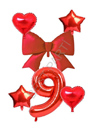 Kırmızı Renk Kalp Yıldız Fiyonk Rakam Folyo Balon Seti Yaş 9