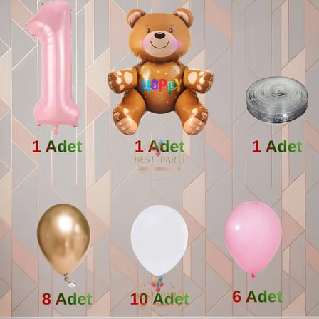 Best Ayıcıklı Pembe Rakamlı Doğum Günü Seti Yaş-3
