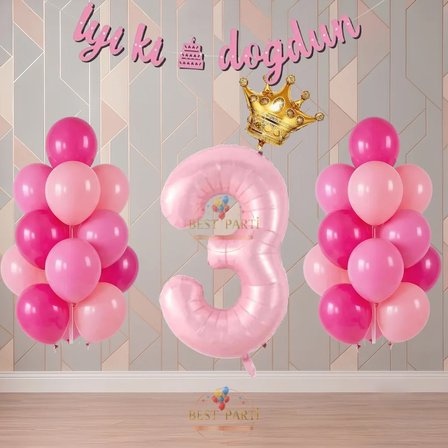 Best Pembe Renk Temalı Rakamlı Doğum Günü Parti Seti Yaş-3