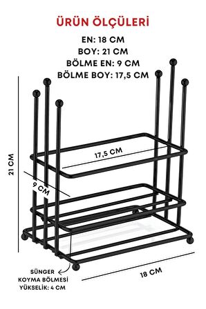 Manolya 2 Bölmeli Siyah Metal Stand Düzenleyici Organizer- Sıvı Sabunluk- Yağdanlık Standı