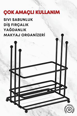 Manolya 2 Bölmeli Siyah Metal Stand Düzenleyici Organizer- Sıvı Sabunluk- Yağdanlık Standı