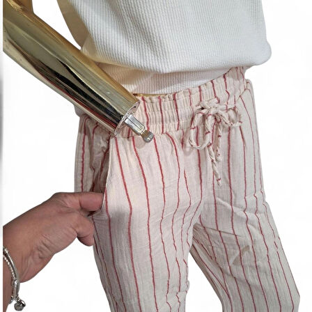 BEYMEN CLUB ORİJİNAL MÜSLİN %100 PAMUK ÇİZGİLİ PUDRA RENGİ GENİŞ KALIP BELİ LASTİKLİ PANTOLON