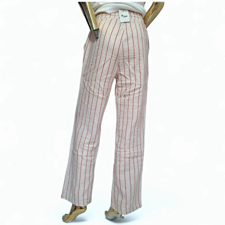 BEYMEN CLUB ORİJİNAL MÜSLİN %100 PAMUK ÇİZGİLİ PUDRA RENGİ GENİŞ KALIP BELİ LASTİKLİ PANTOLON