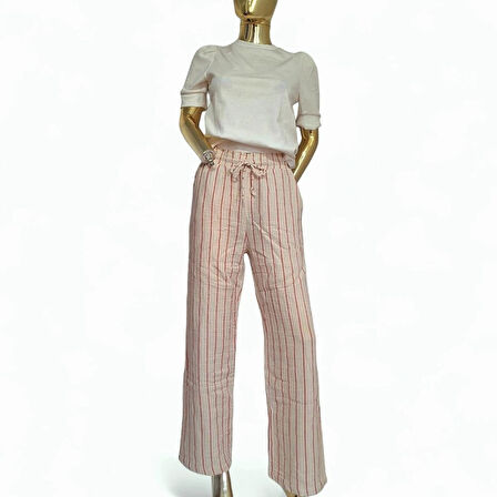 BEYMEN CLUB ORİJİNAL MÜSLİN %100 PAMUK ÇİZGİLİ PUDRA RENGİ GENİŞ KALIP BELİ LASTİKLİ PANTOLON