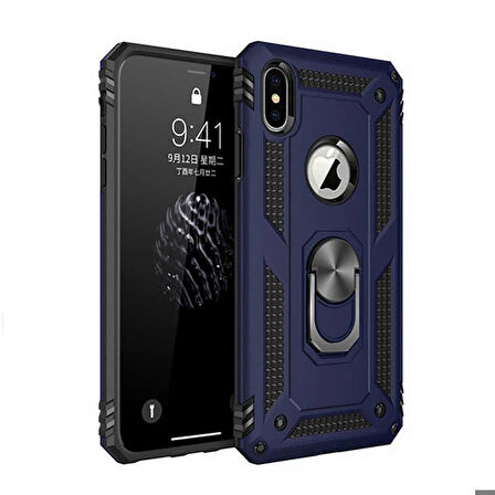 Apple iPhone X Uyumlu Kılıf Standlı Manyetik Yüzüklü Military Ring TPU Cover