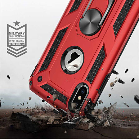 Apple iPhone X Uyumlu Kılıf Standlı Manyetik Yüzüklü Military Ring TPU Cover