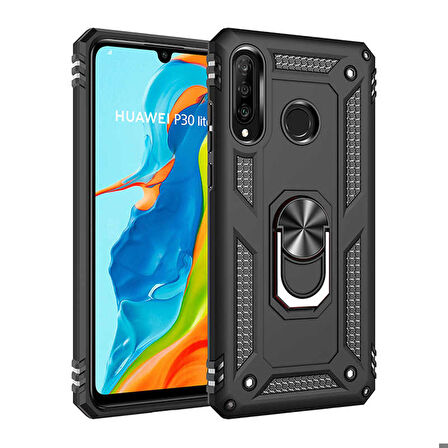 Huawei P30 Lite Uyumlu Kılıf Standlı Manyetik Yüzüklü Military Ring TPU Cover