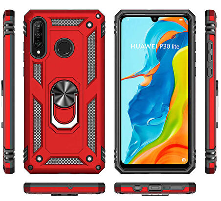 Huawei P30 Lite Uyumlu Kılıf Standlı Manyetik Yüzüklü Military Ring TPU Cover