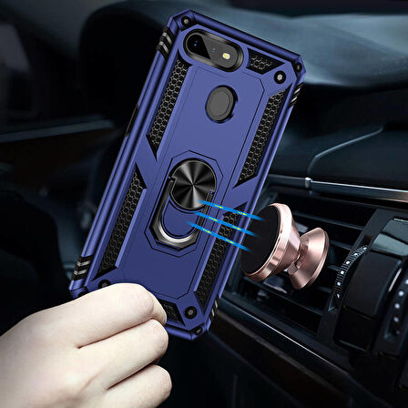 Oppo AX7 Uyumlu Kılıf Standlı Manyetik Yüzüklü Military Ring TPU Cover
