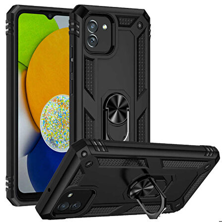 Samsung Galaxy A03 Uyumlu Kılıf Standlı Manyetik Yüzüklü Military Ring TPU Cover