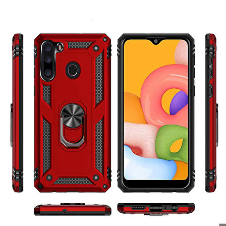 Samsung Galaxy A21 Uyumlu Kılıf Standlı Manyetik Yüzüklü Military Ring TPU Cover