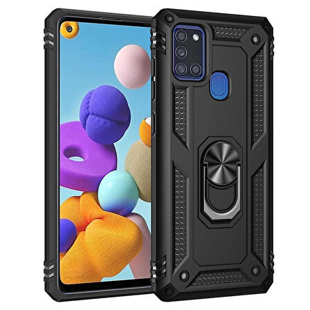 Samsung Galaxy A21S Uyumlu Kılıf Standlı Manyetik Yüzüklü Military Ring TPU Cover