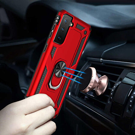 Samsung Galaxy S21 FE Uyumlu Kılıf Standlı Manyetik Yüzüklü Military Ring TPU Cover