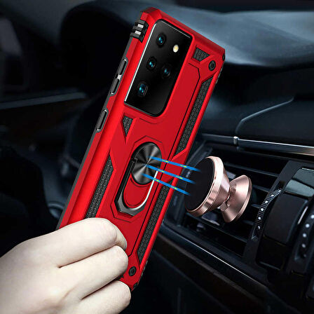 Samsung Galaxy S21 Ultra Uyumlu Kılıf Standlı Manyetik Yüzüklü Military Ring TPU Cover