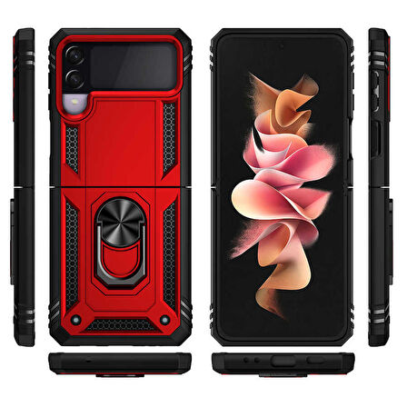 Samsung Galaxy Z Flip 3 Uyumlu Kılıf Standlı Manyetik Yüzüklü Military Ring TPU Cover