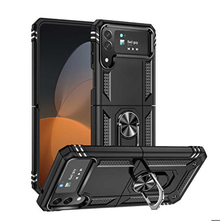 Samsung Galaxy Z Flip 4 Uyumlu Kılıf Standlı Manyetik Yüzüklü Military Ring TPU Cover