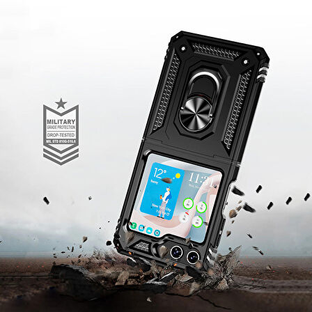 Samsung Galaxy Z Flip 5 Uyumlu Kılıf Standlı Manyetik Yüzüklü Military Ring TPU Cover
