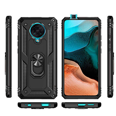 Xiaomi Poco F2 Pro Uyumlu Kılıf Standlı Manyetik Yüzüklü Military Ring TPU Cover