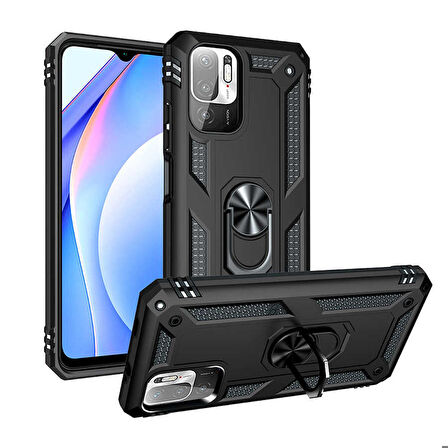 Xiaomi Poco M3 Pro Uyumlu Kılıf Standlı Manyetik Yüzüklü Military Ring TPU Cover