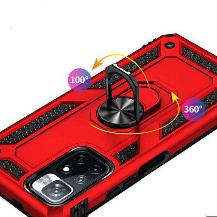 Xiaomi Redmi Note 11T 5G Uyumlu Kılıf Standlı Manyetik Yüzüklü Military Ring TPU Cover
