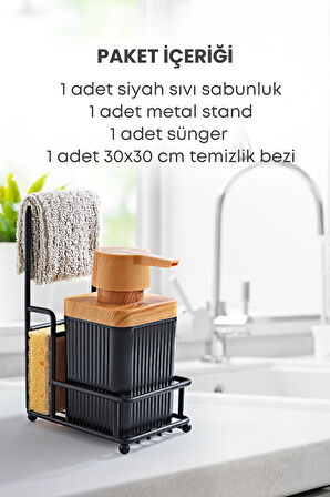 Metal Standlı Süngerli Tekli Siyah Ahşap Akrilik Bulaşık Deterjanı Sıvı Sabunluk 400 ML-Bez Askılığı