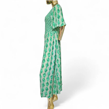 VİSKON YARIM KOL YAZLIK UZUN / MİDİ BİLEK ÜSTÜ DİZ ALTI YEŞİL KREM DESENLİ DOKULU ELBİSE