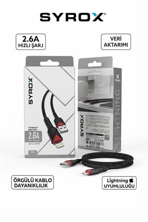 C93 2.6A Hızlı Şarj ve Data Kablosu, USB-A to Lightning Dayanıklı Örgülü Kablo - Siyah