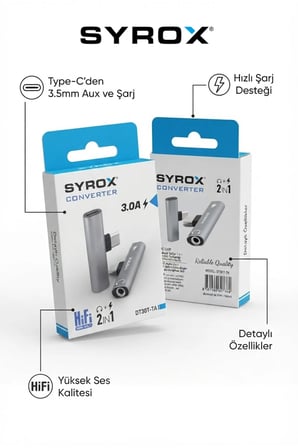 DT30T-TA 2in1 Type-C to 3.5mm Aux ve Şarj Çevirici Adaptör, 3.0A, HiFi Ses Kalitesi - Gri
