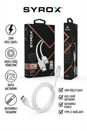 M33TK 33W Turbo Hızlı Şarj ve Data Kablosu, Akıllı Güç Yönetimi, USB-A to Type-C - Beyaz