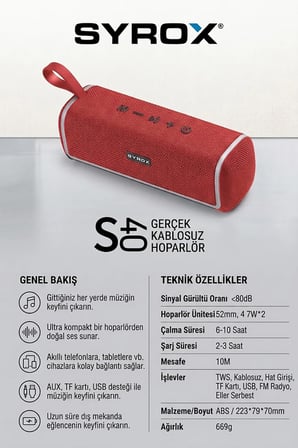 S40 Gerçek Kablosuz Bluetooth Hoparlör, 8W Stereo Ses, 6-10 Saat Çalma Süresi, TWS ve FM Radyo - Siyah / Kırmızı